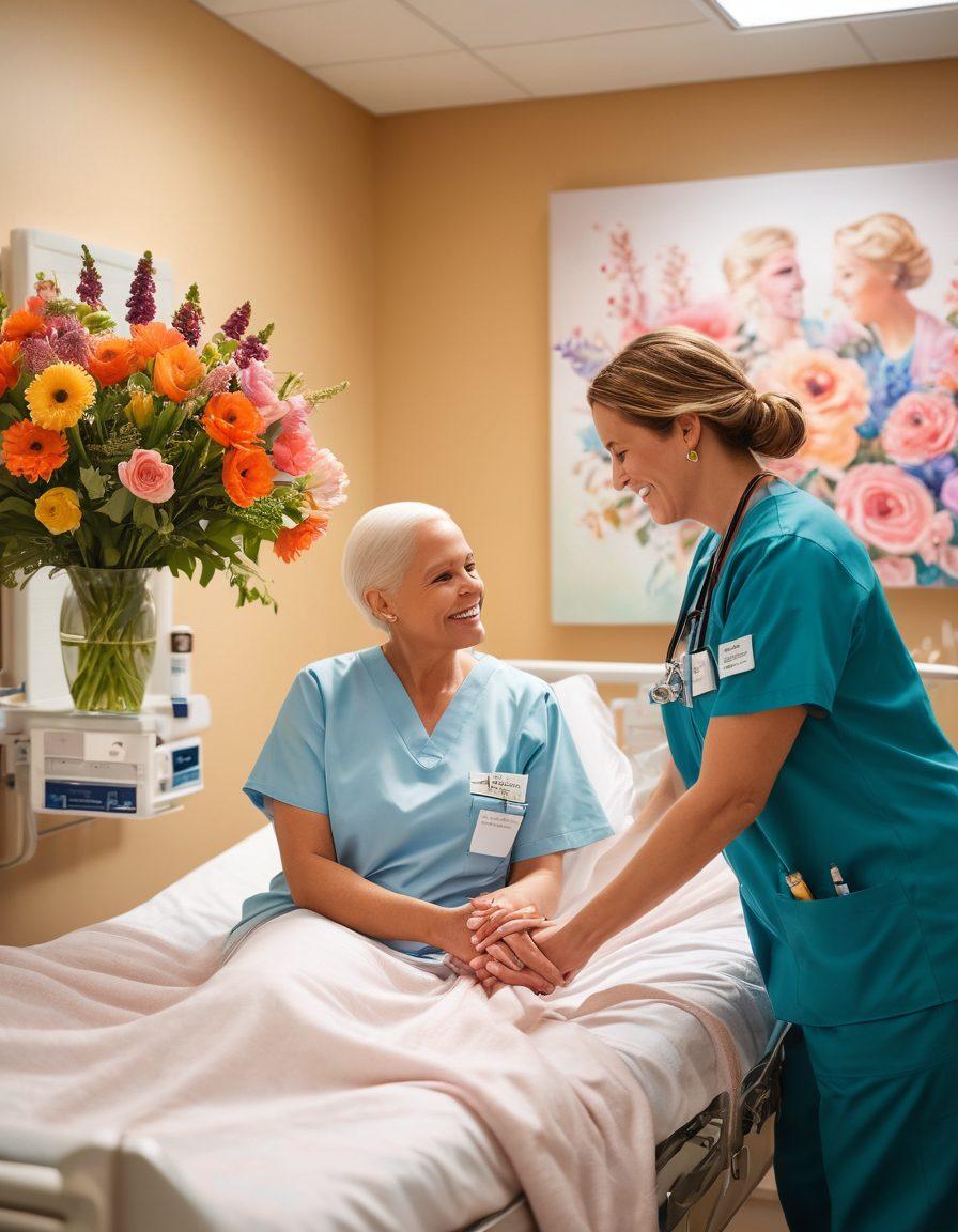 A warm, inviting scene in a hospital room where a joyful cancer patient is receiving comforting care from a nurse. Add supportive family members holding hands and offering encouragement, with vibrant flowers and uplifting artwork on the walls. Capture a strong sense of hope and resilience in the atmosphere. soft lighting, realistic details, warm colors.