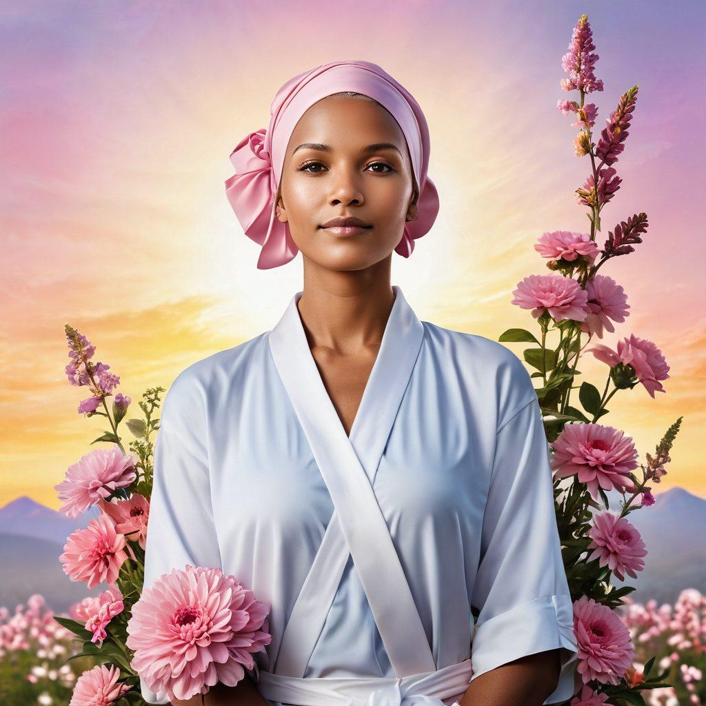 A powerful visual representation of a cancer survivor standing tall, surrounded by blooming flowers symbolizing hope and resilience. Include elements of advocacy, such as ribbons and signs, to signify support. The background should feature a bright sunrise, symbolizing a new beginning. Integrate soft, calming colors to evoke a sense of peace and wellness. super-realistic. vibrant colors. white background.