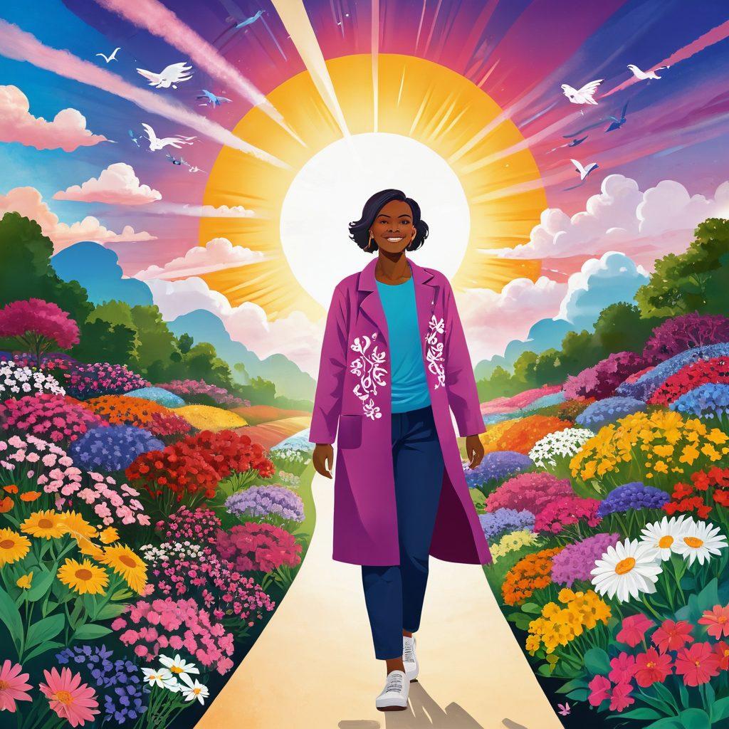 A vibrant and uplifting illustration depicting a cancer survivor standing confidently on a colorful path made of medical symbols. Surrounding them are supportive friends and family members, symbolizing advocacy and love, with rays of hope breaking through dark clouds above. Incorporate elements such as blooming flowers and a bright sun in the background to represent triumph and renewal. The overall mood should convey empowerment and positivity. super-realistic. vibrant colors. inspirational style.